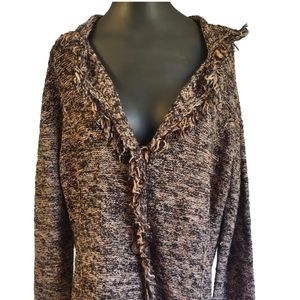 Dressbarn Button-Up Fringe Sweater Chunky Knit Wool Blend  black Tan Women XL
